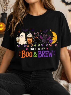 Halloween Coffee Ghost T-Shirt, Spooky Cat Bat Moon Graphic shirt